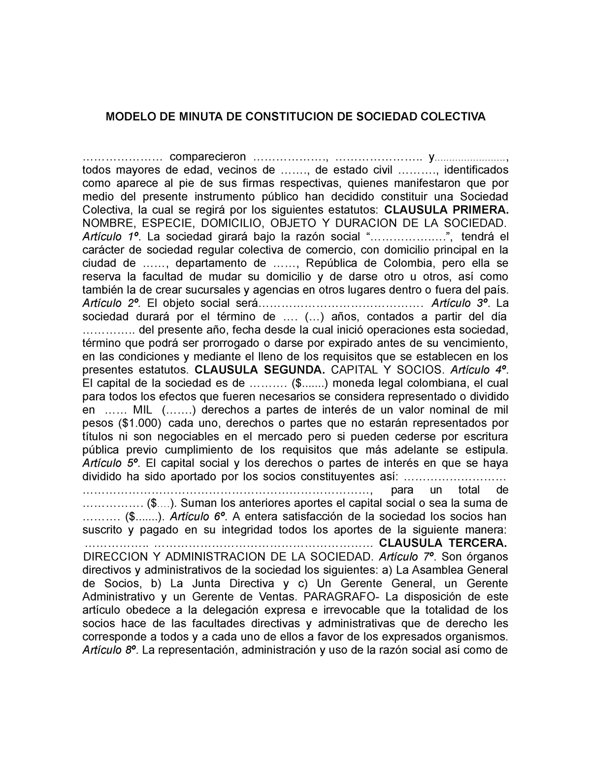 Modelo De Minuta De Constitucion De Sociedad Colectiva Modelo De Minuta De Constitucion De