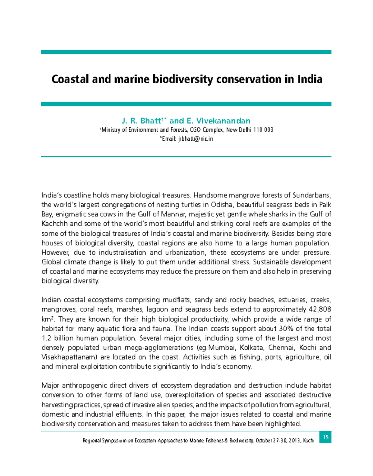 1.2 Coastal and marine biodiversity conservation in India - R. Bhatt 1 ...
