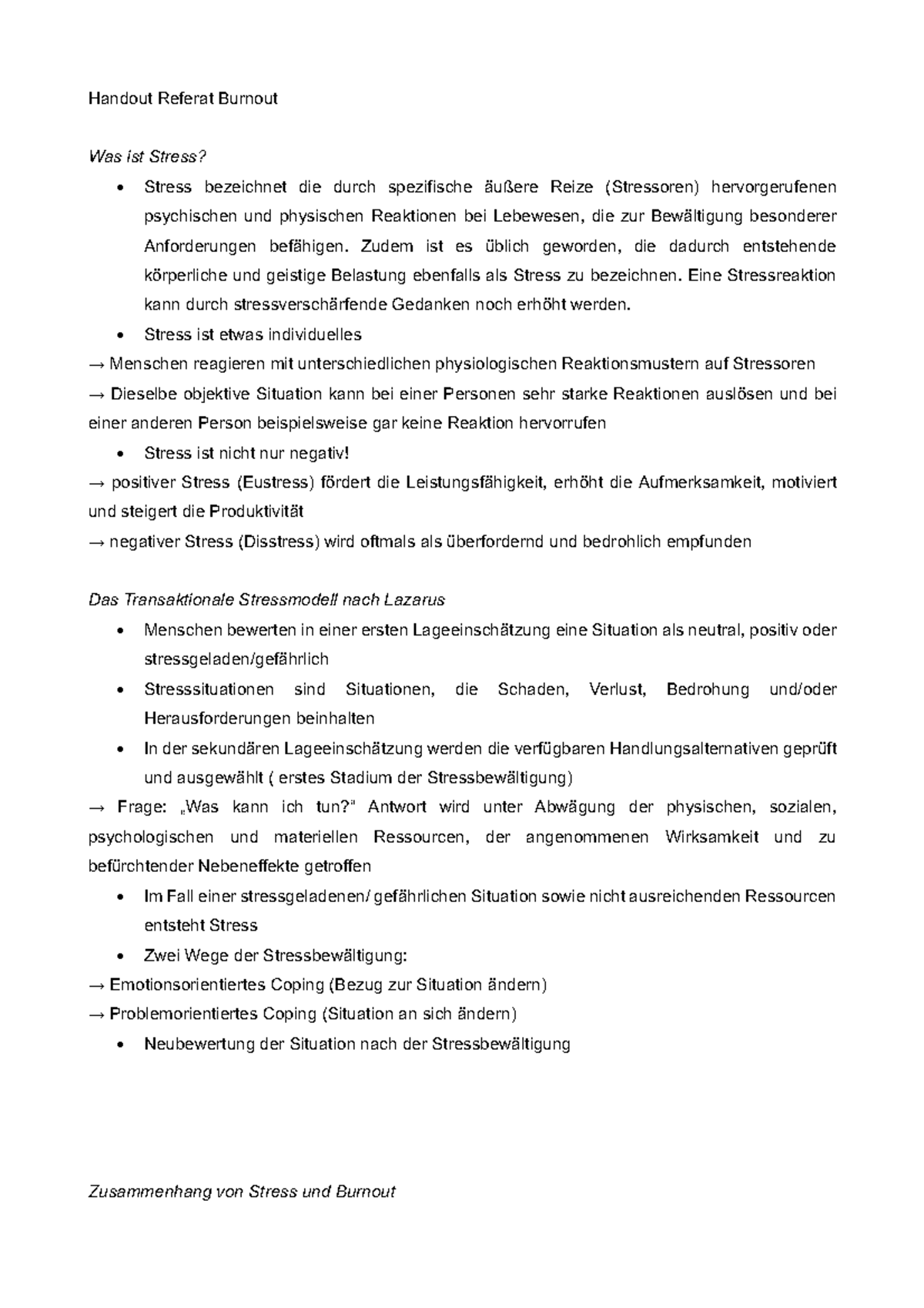 Handout Burnout Studocu - Handout Referat Burnout Was ist Stress