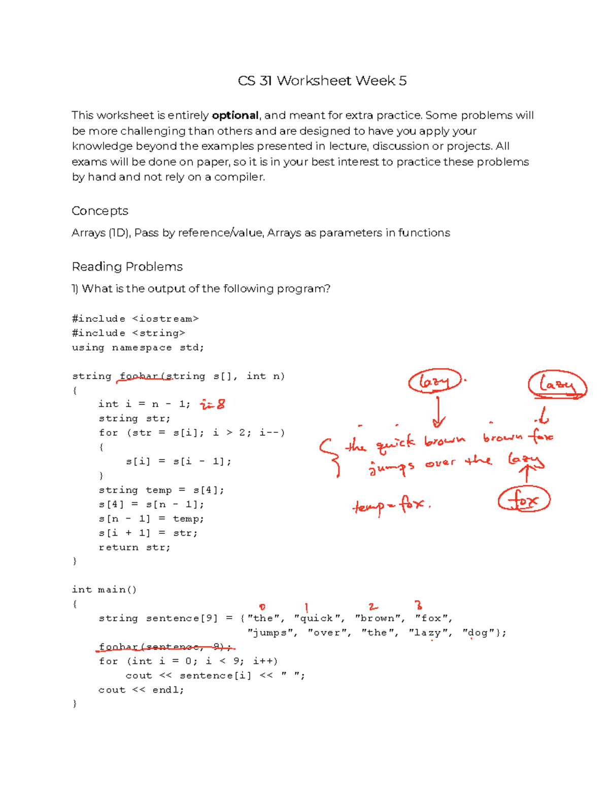 CS 31 - wk5arrays - CS31 LA Worksheet 5 - ####### CS 31 Worksheet Week ...