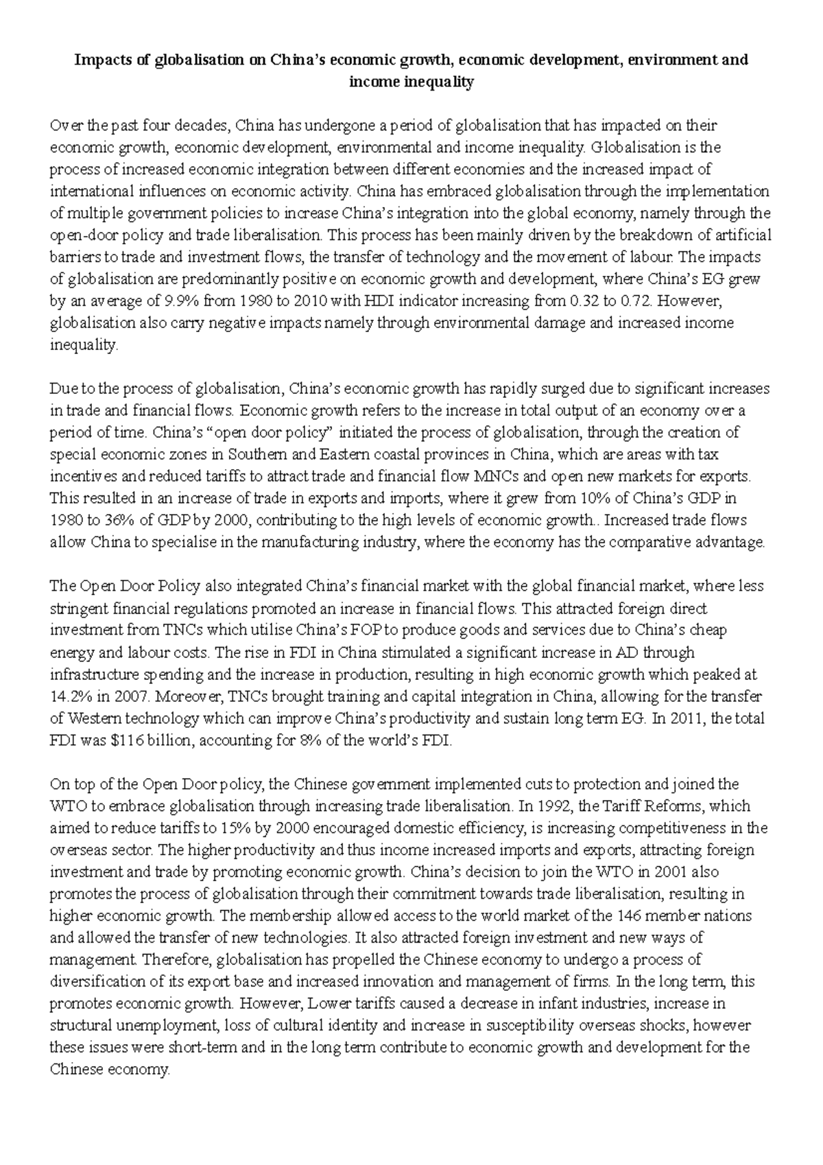China Globalisation Essay HSC Impacts of globalisation on China’s