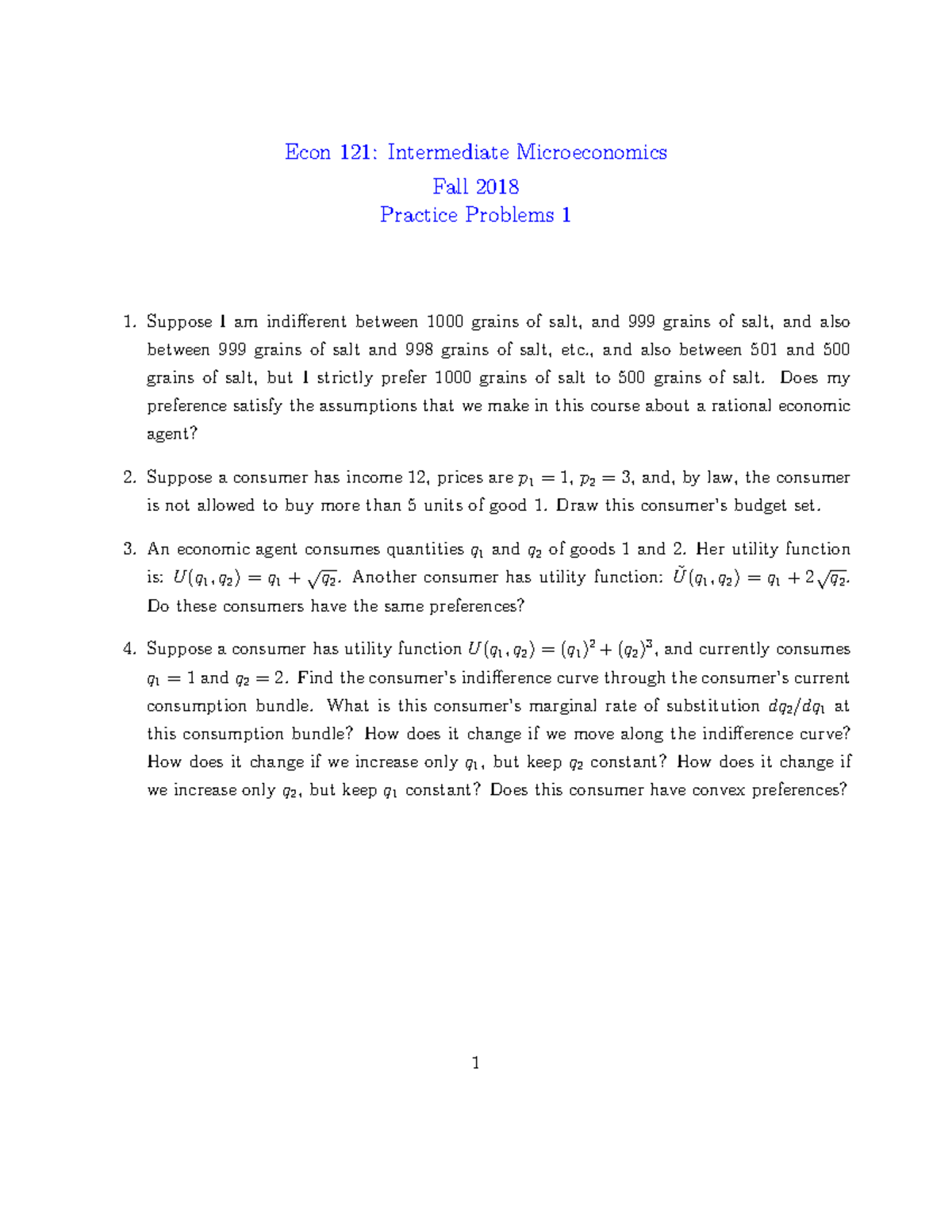 Practice Problems 1 - materials from ECON 121 at Yale with T. Borgers ...