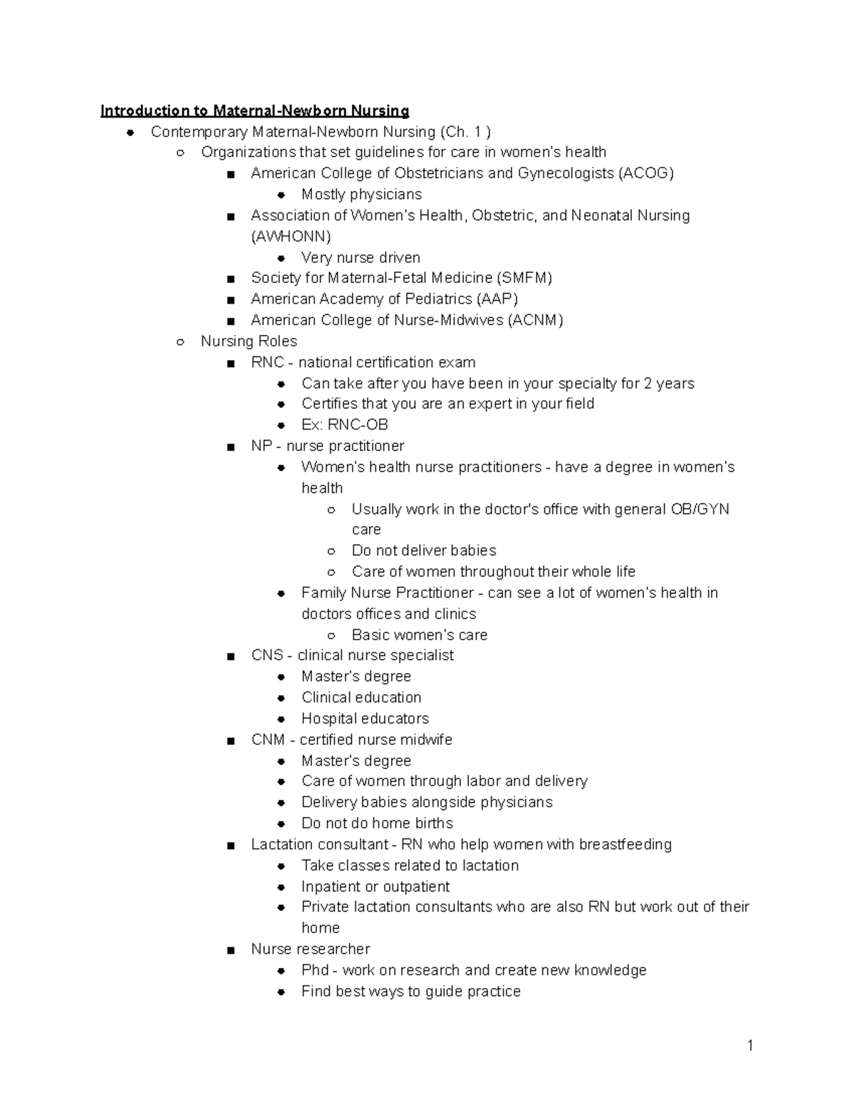 OB Class 1 - Lecture notes - Introduction to Maternal-Newborn Nursing ...