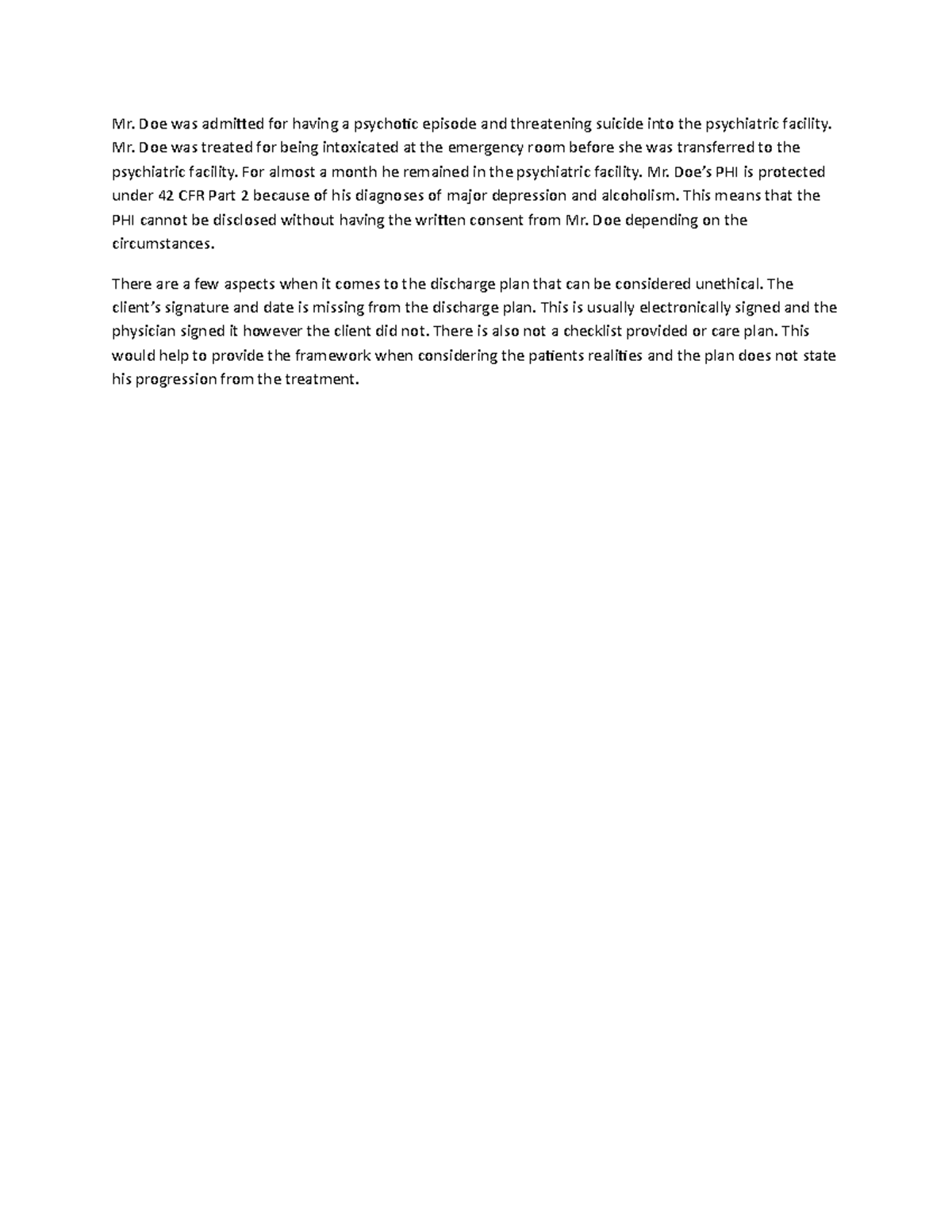 Wwek 6 Discussion Law Mr Doe Was Admitted For Having A Psychotic 