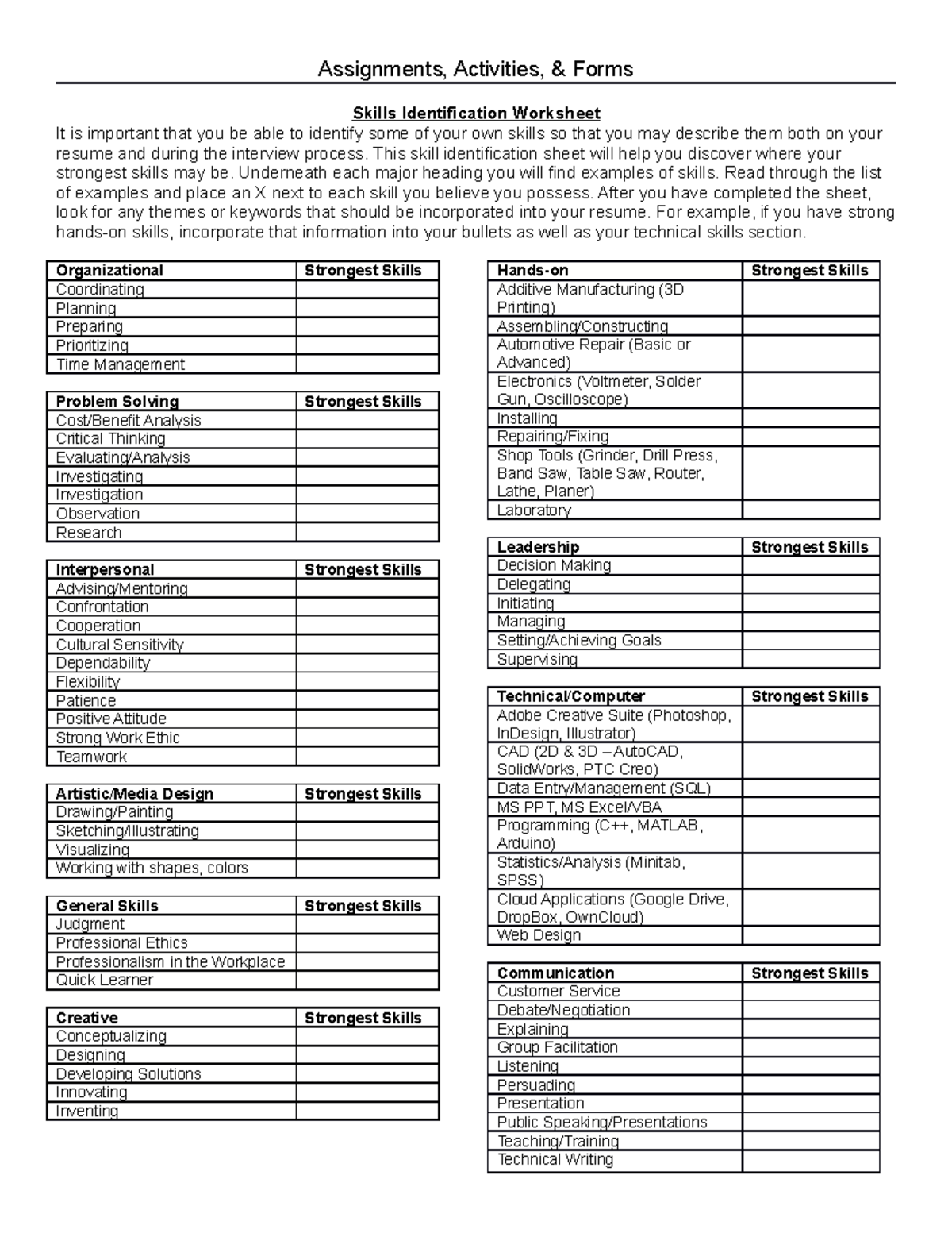 Skills Identification Worksheet ENCP2000-1 - Assignments, Activities ...