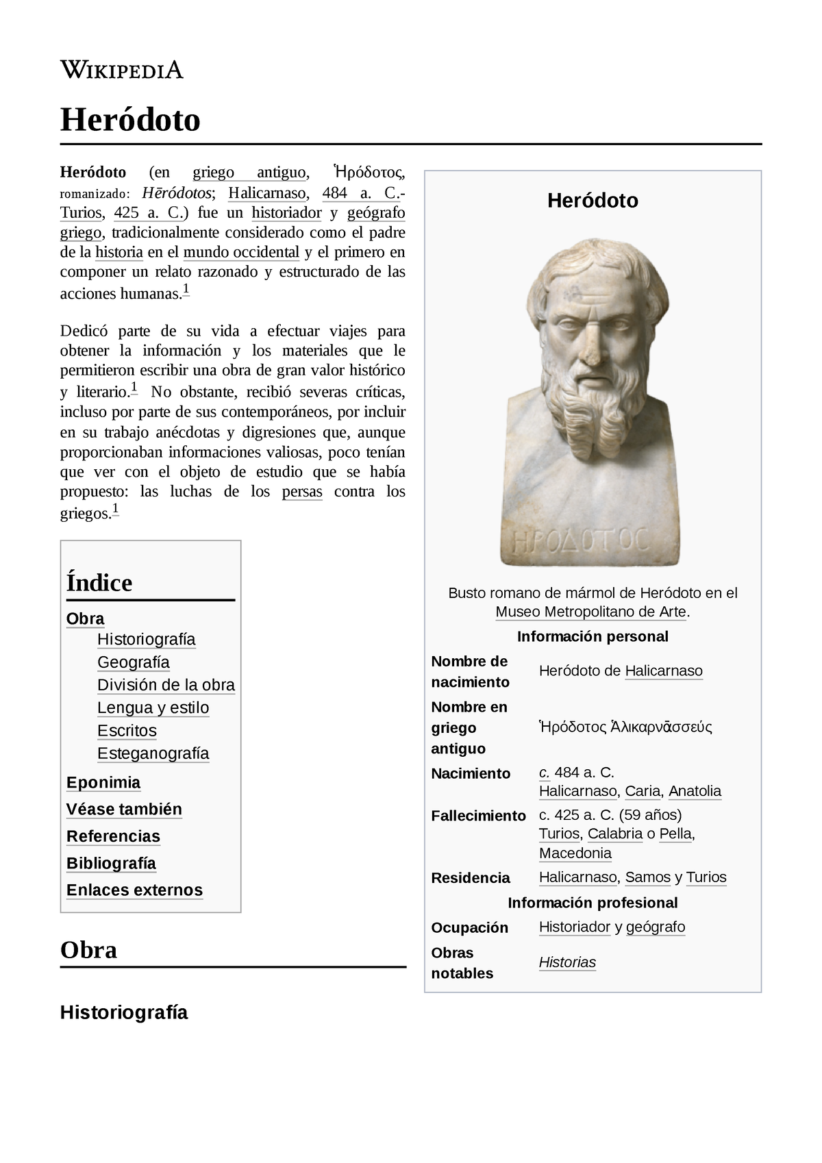 Heródoto - descripcion - Heródoto Busto romano de mármol de Heródoto en el  Museo Metropolitano de - Studocu