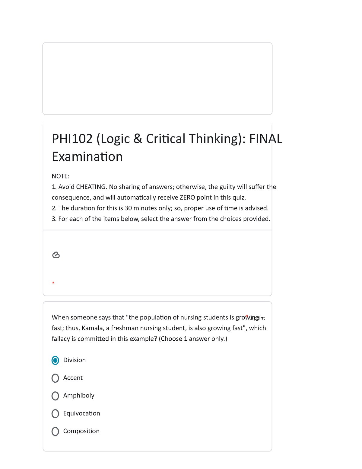 PHI102- QUIZ - 1 point Division Accent Amphiboly Equivocation