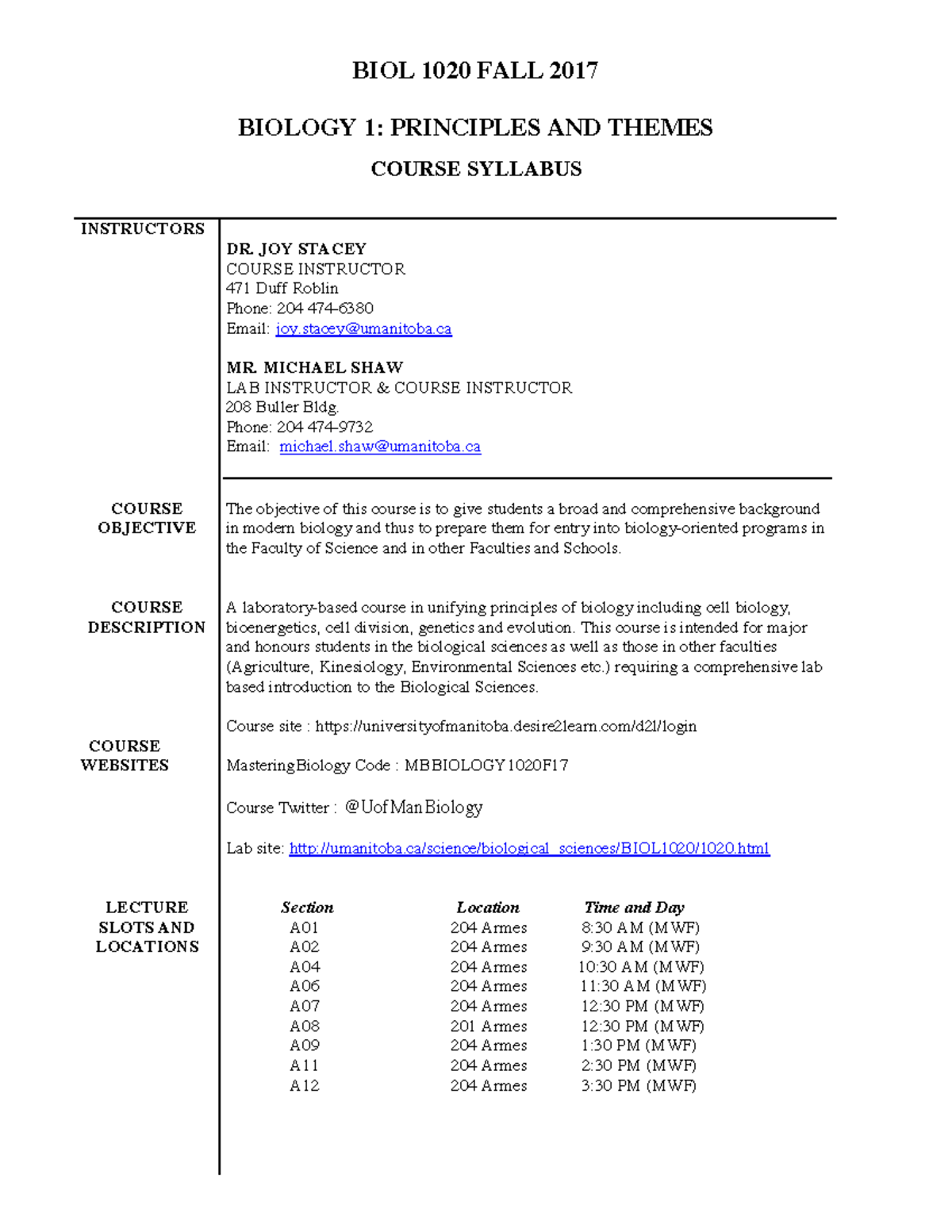 1-Syllabus - BIOL 1020 FALL 2017 BIOLOGY 1: PRINCIPLES AND THEMES ...