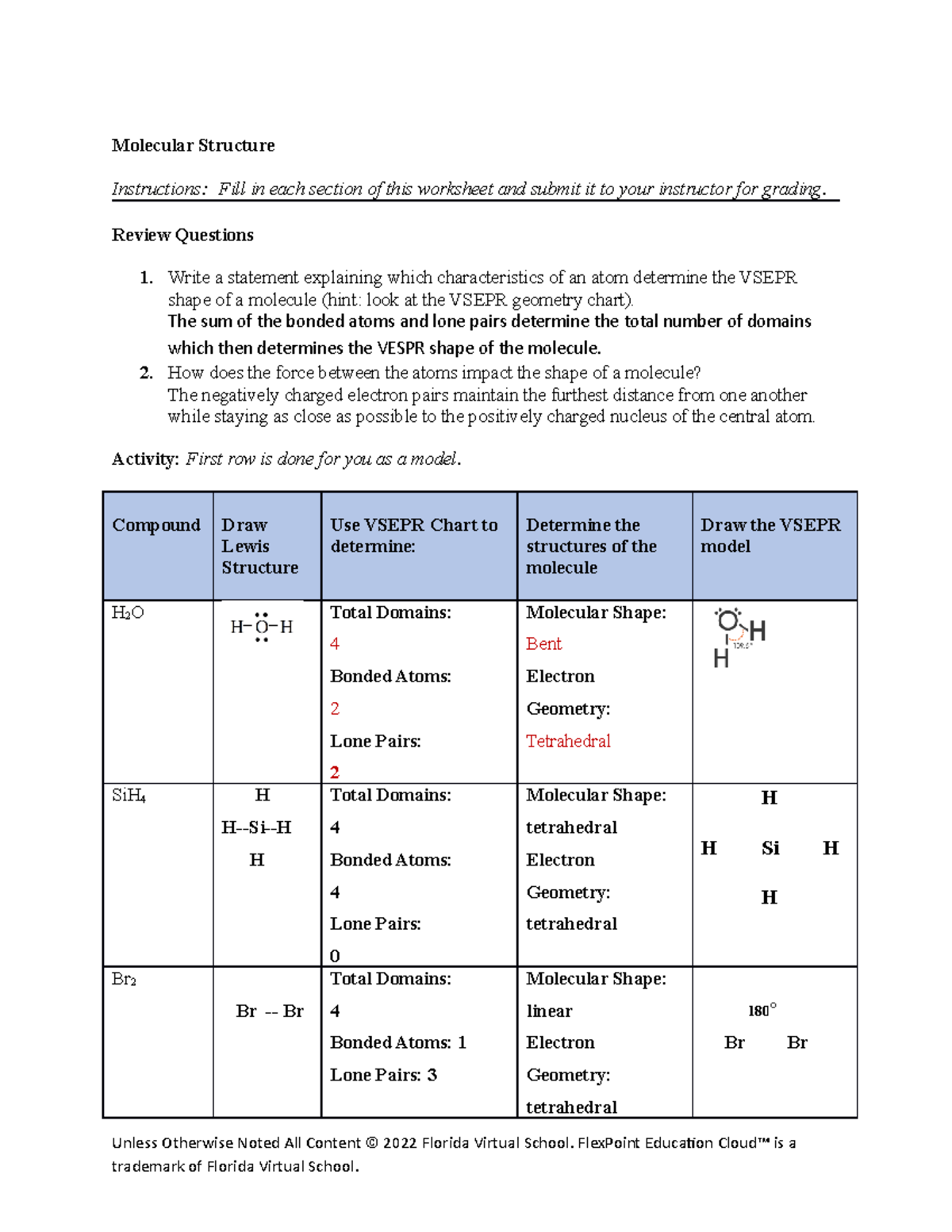 Molecular Structure Worksheet 3 Molecular Structure Instructions