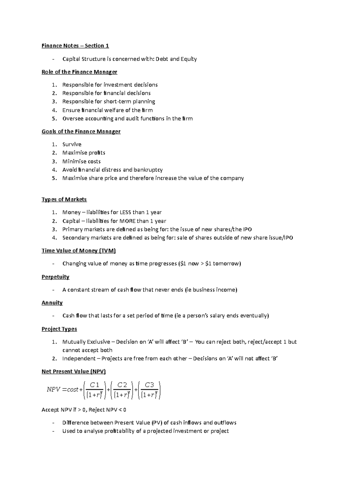 Finance Notes 1 - Responsible for investment decisions 2. Responsible ...