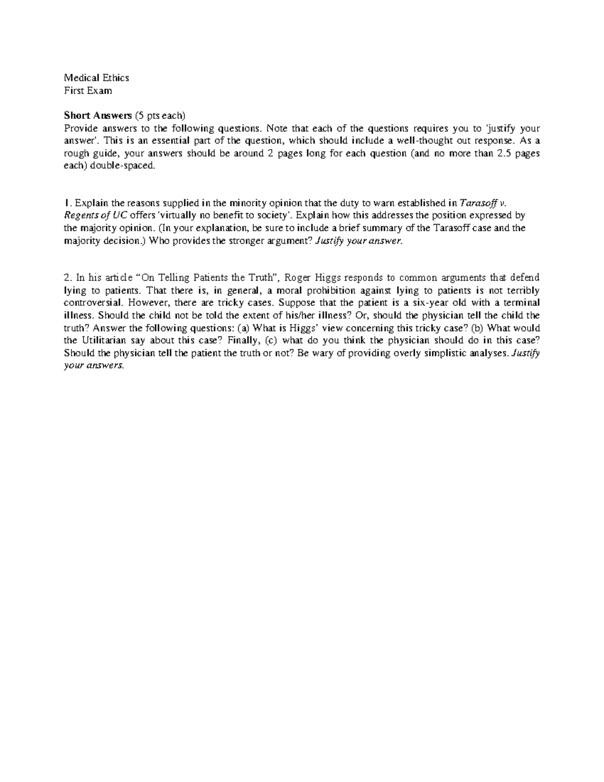 Medical Ethics Exam 1 (Winter Online 2021) - Medical Ethics First Exam ...