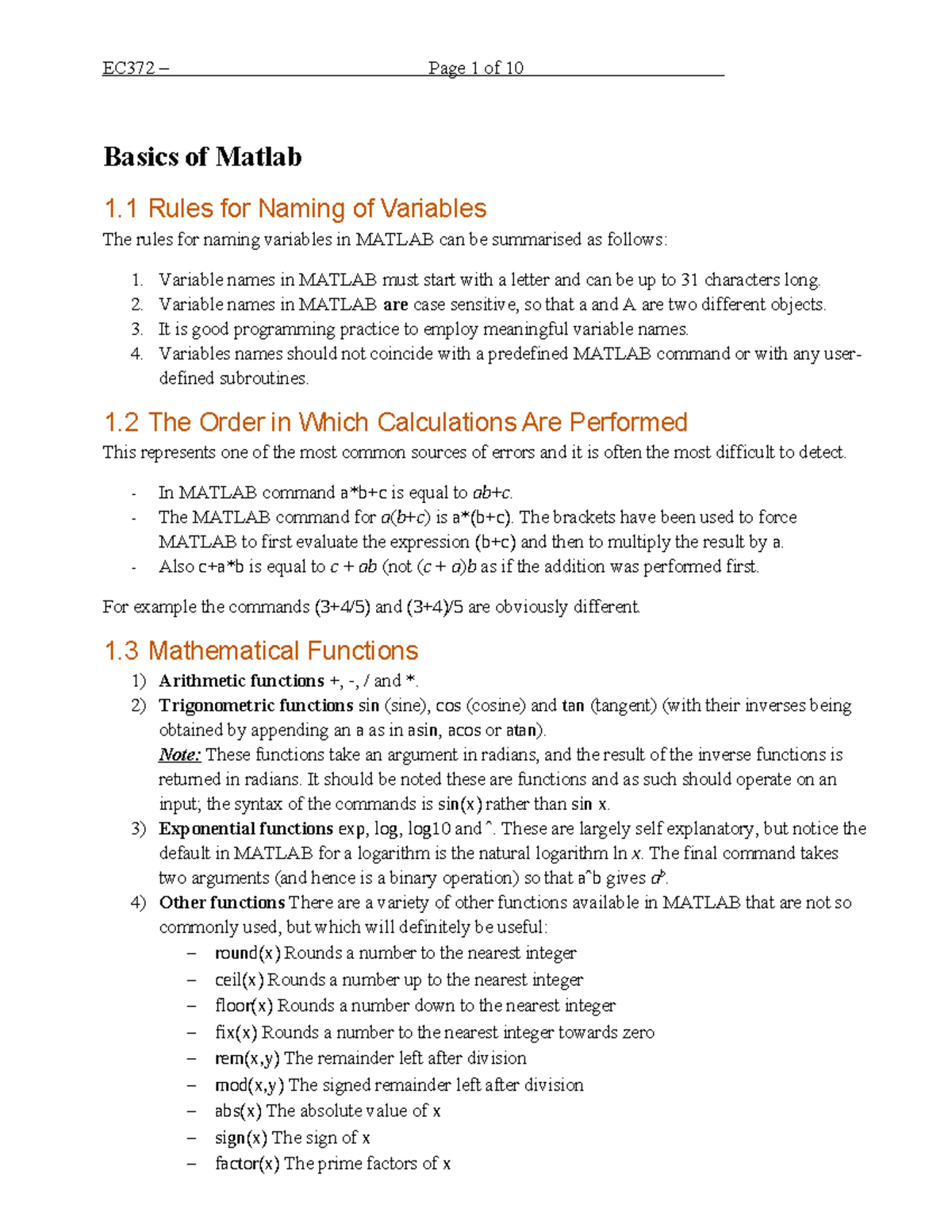 Basics of Matlab - Basic - Basics of Matlab 1 Rules for Naming of ...