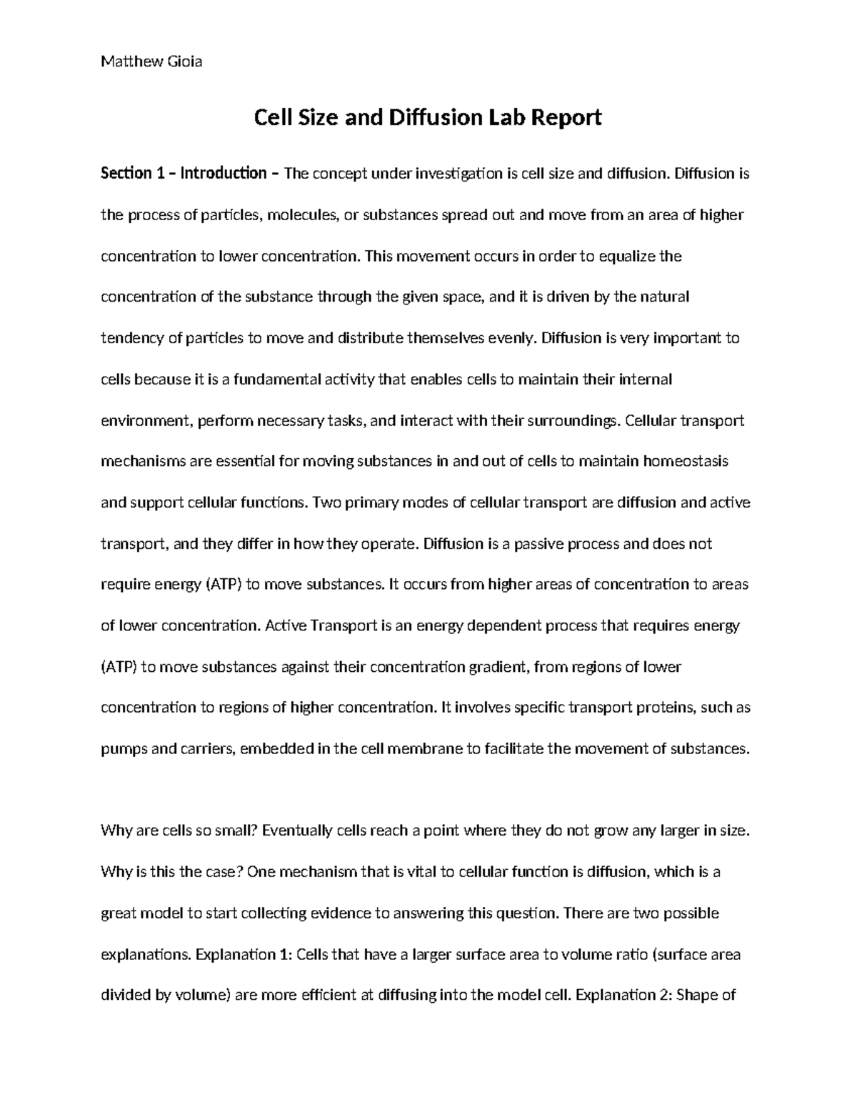Cell Size and Diffusion Lab Report - Matthew Gioia Cell Size and ...