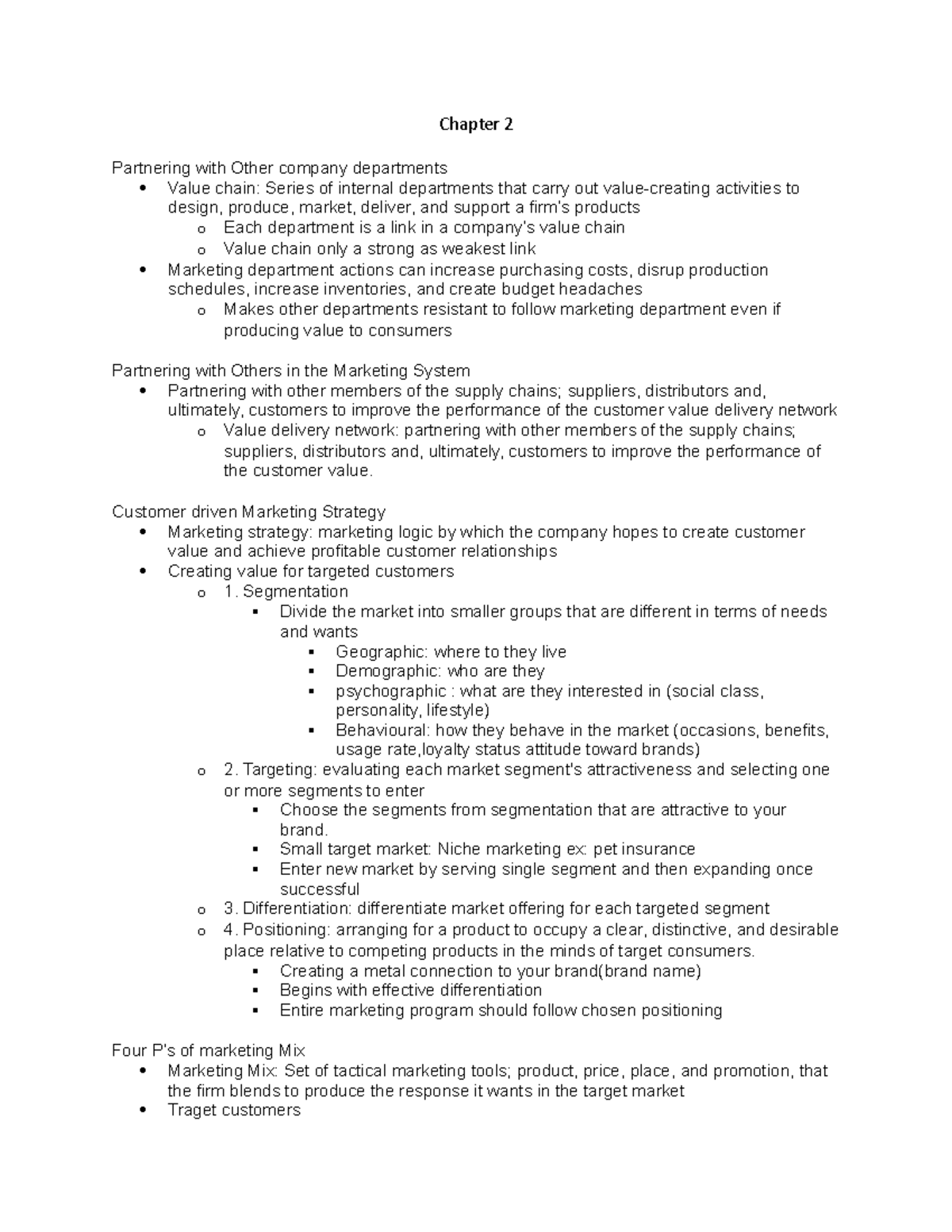 Chapter 2 Notes Marketing I COMM 223 - Chapter 2 Partnering with Other ...