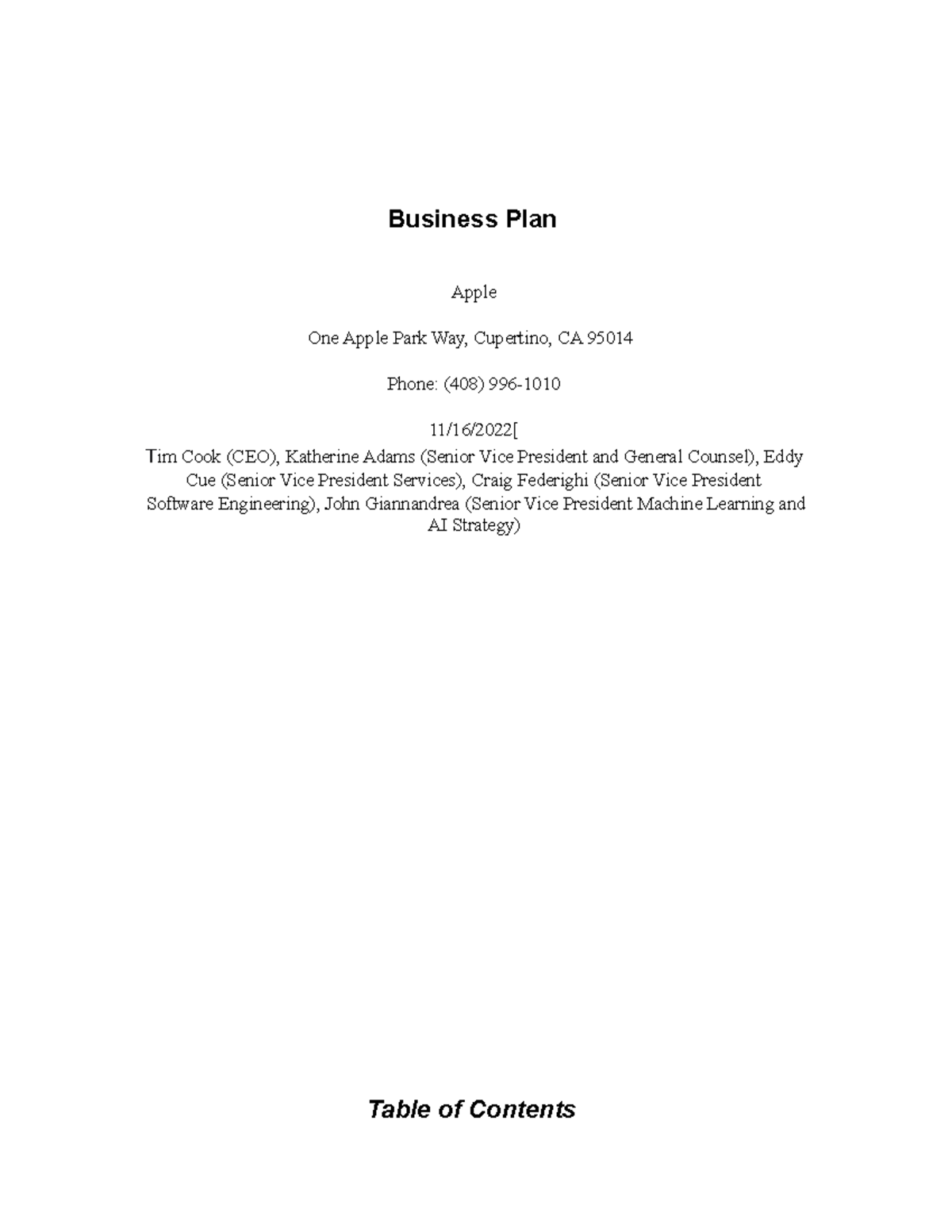 Business Plan Template Final - Business Plan Apple One Apple Park Way ...