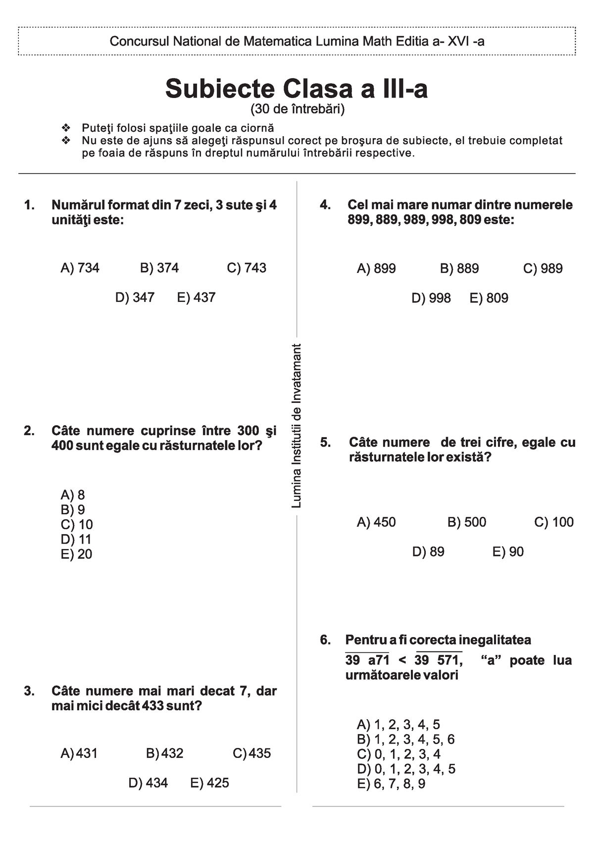 2 013 Matematica Concursul 'Lumina Math' Etapa 1 Clasa a IIIa Subiecte