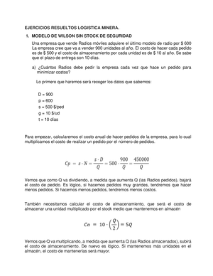 Ejercicios de Logística Minera - EJERCICIOS RESUELTOS LOGISTICA MINERA. 1. MODELO  DE WILSON SIN - Studocu