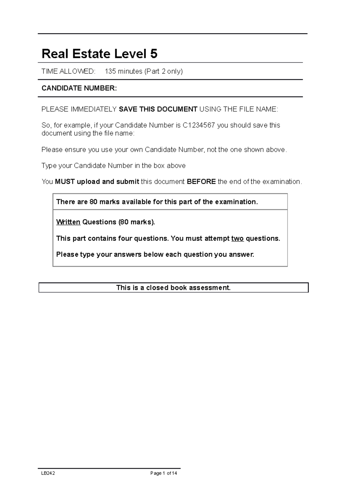 Real Estate Exam Real Estate Level 5 TIME ALLOWED 135 minutes (Part