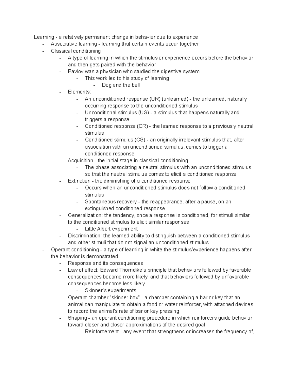 Psychology - chapter 6 notes - Learning - a relatively permanent change ...