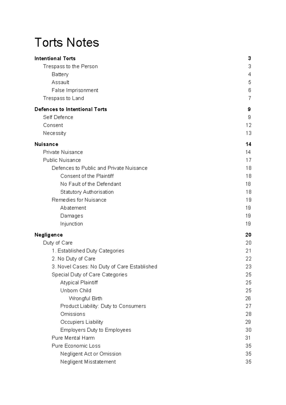 Torts Sumarrised notes - Torts Notes Intentional Torts Trespass to the ...