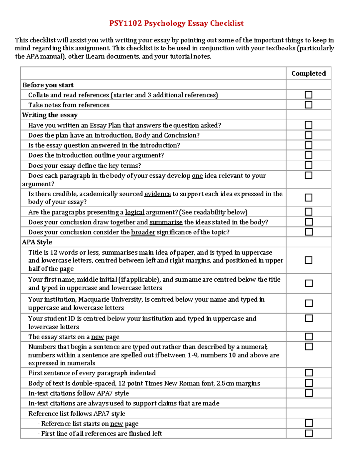 Essay Checklist 2021 - PSY1102 Psychology Essay Checklist This ...