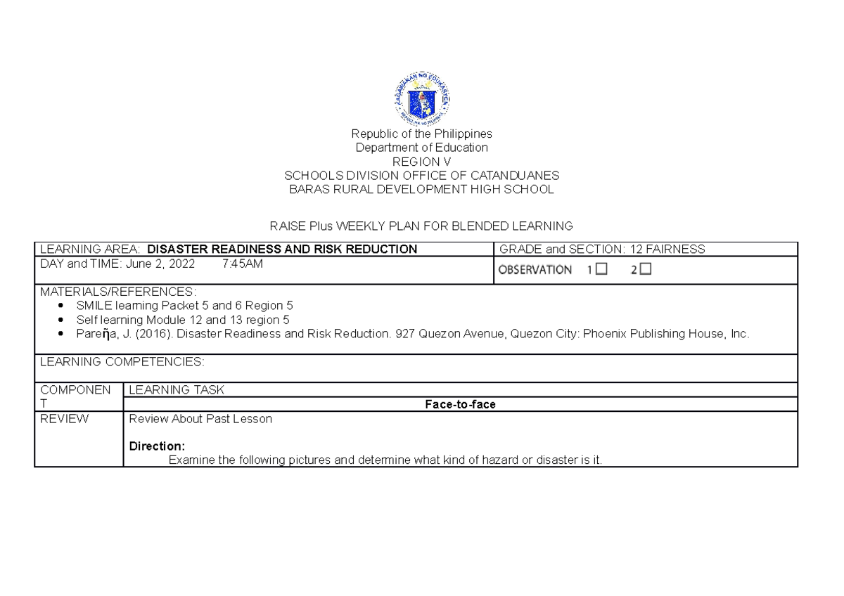 Raise Plus Weekly PLAN FOR Blended Learning Republic of the