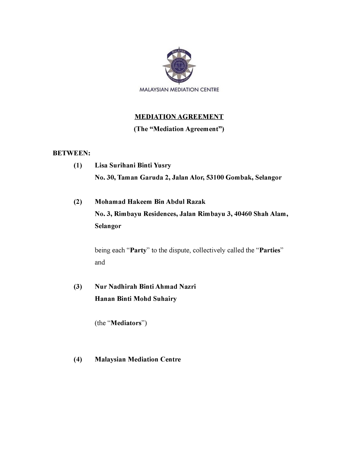 mediation settlement agreement template