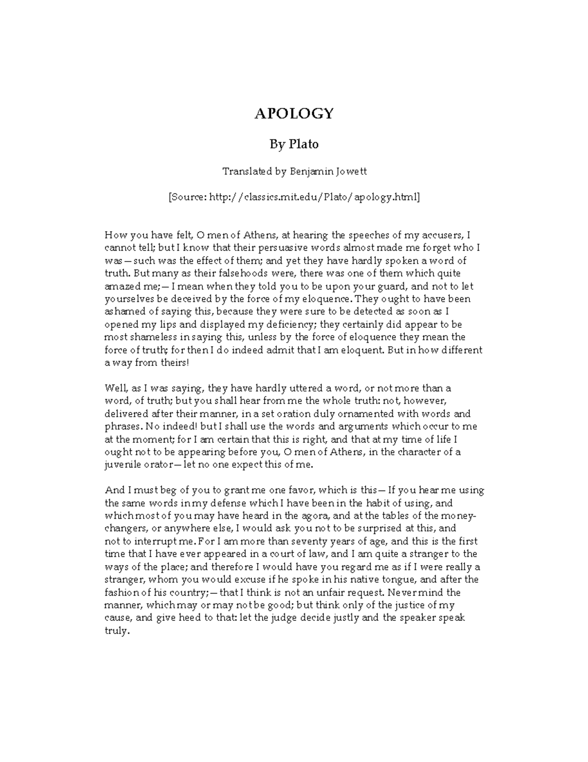 Plato's Apology Reading APOLOGY By Plato Translated by Benjamin