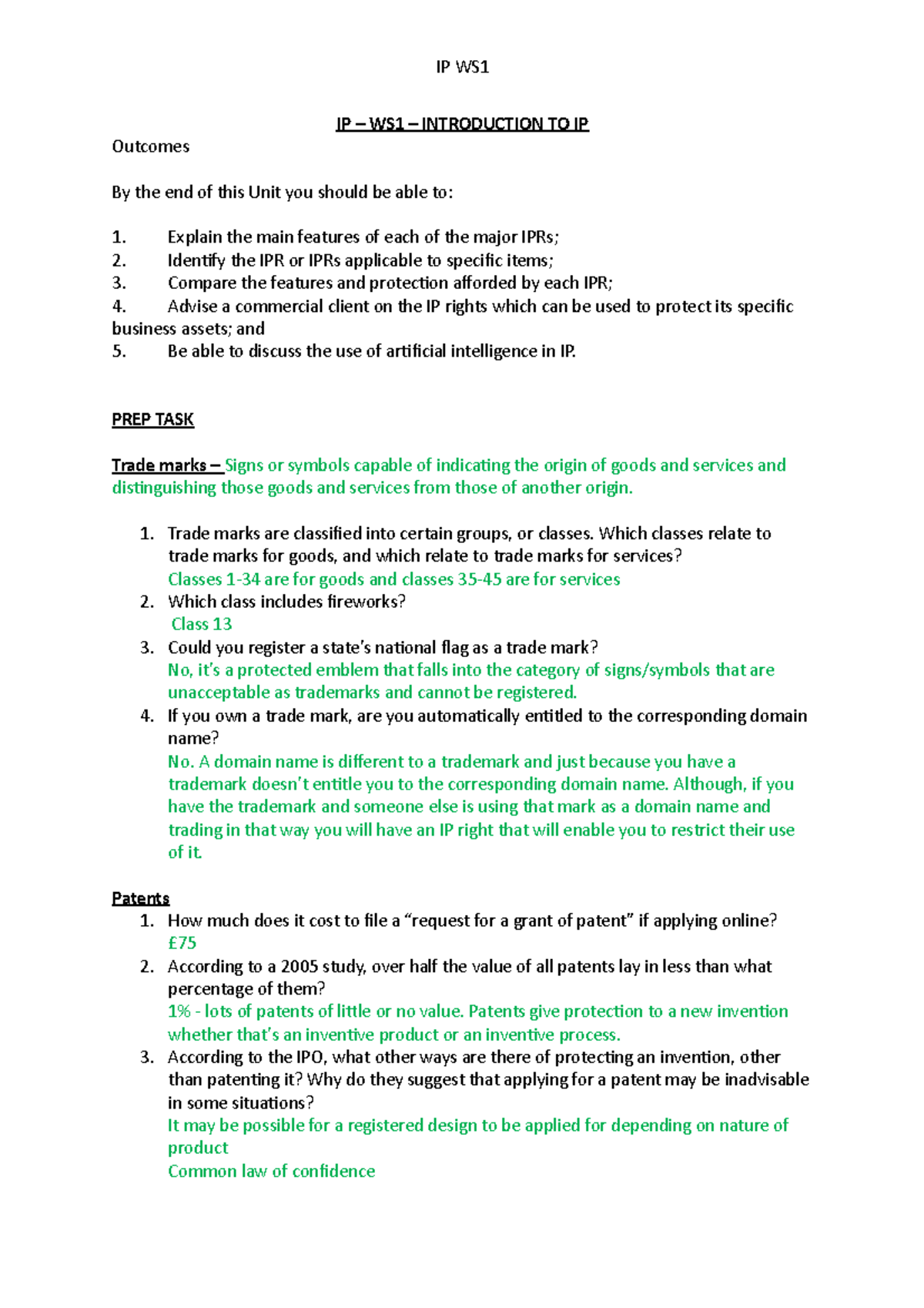 IP WS1 - workshop 1 completed notes - IP – WS1 – INTRODUCTION TO IP ...