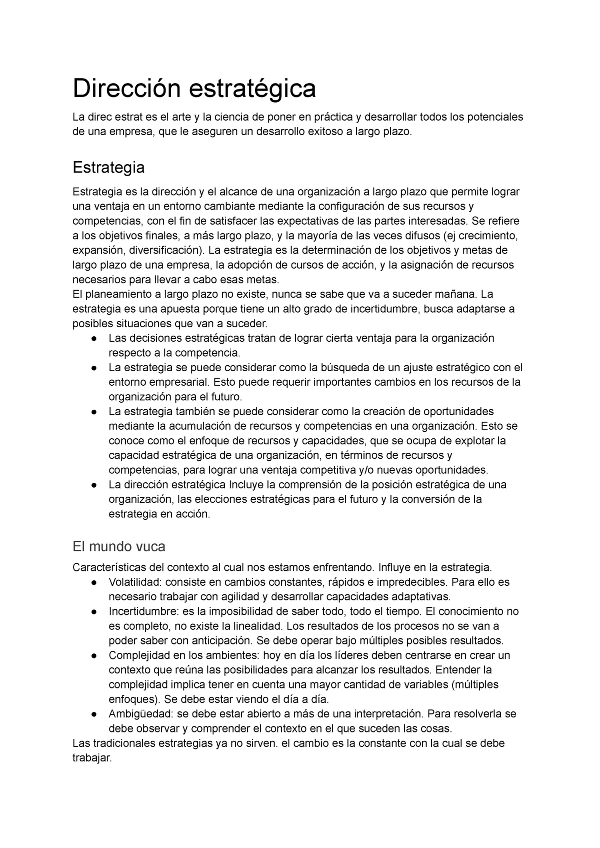 Resumen De Dirección Estratégica Dirección Estratégica La Direc