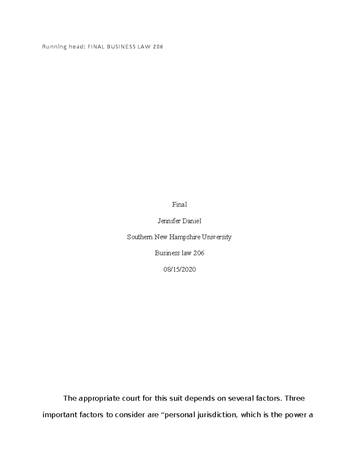Final - Running head: FINAL BUSINESS LAW 206 Final Jennifer Daniel ...