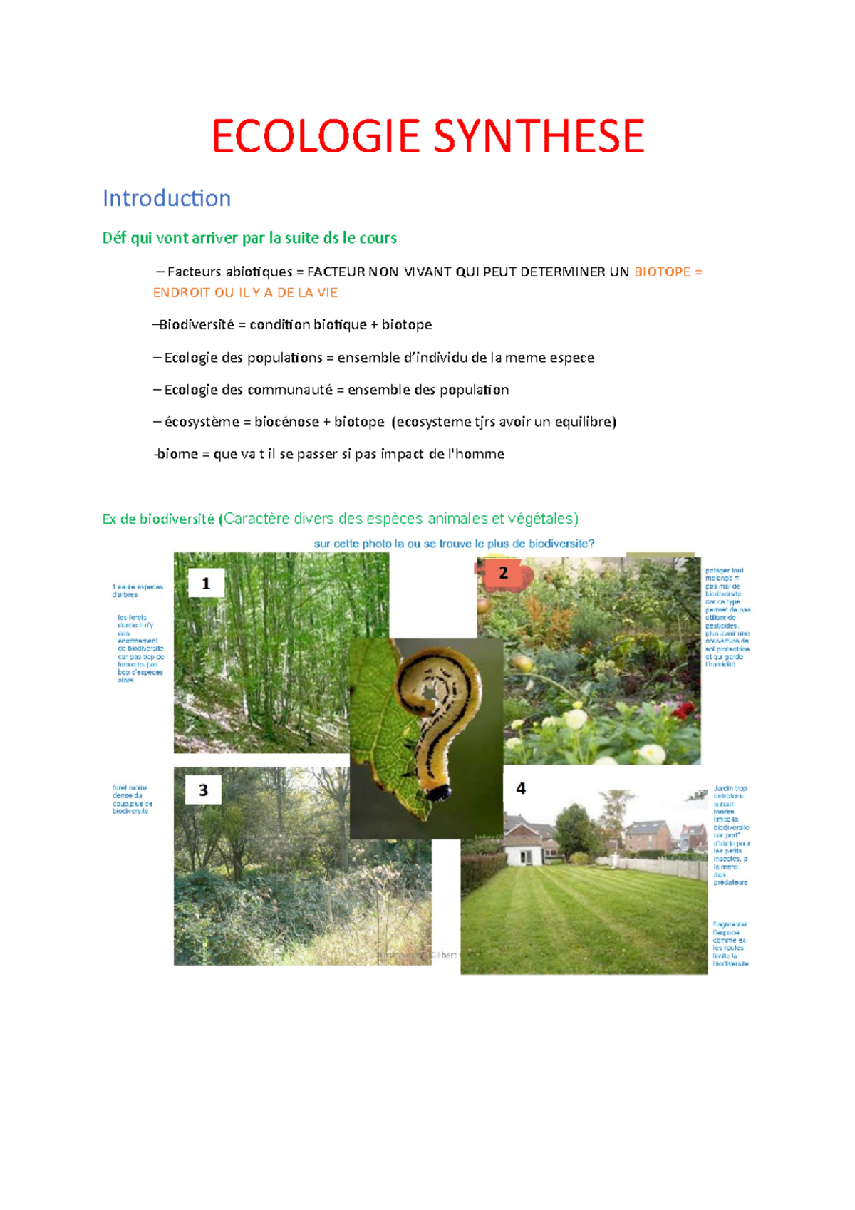 Ecologie Synthese Q1 Examen Juin - ECOLOGIE SYNTHESE Introduction Déf ...