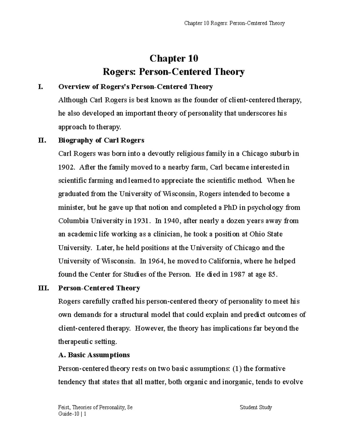 Chapter 10 - Summary Theories Of Personality - Chapter 10 Rogers ...