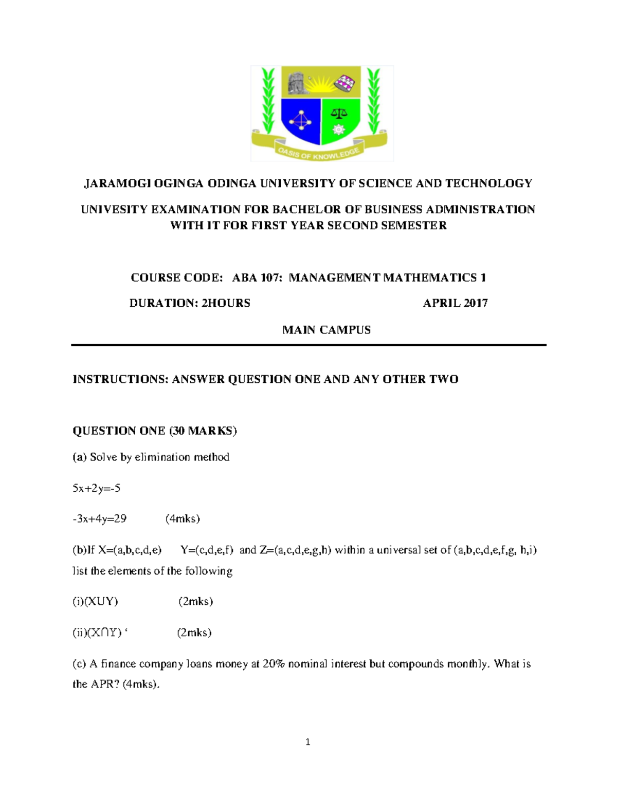 Management Mathematics 1 - JARAMOGI OGINGA ODINGA UNIVERSITY OF SCIENCE ...