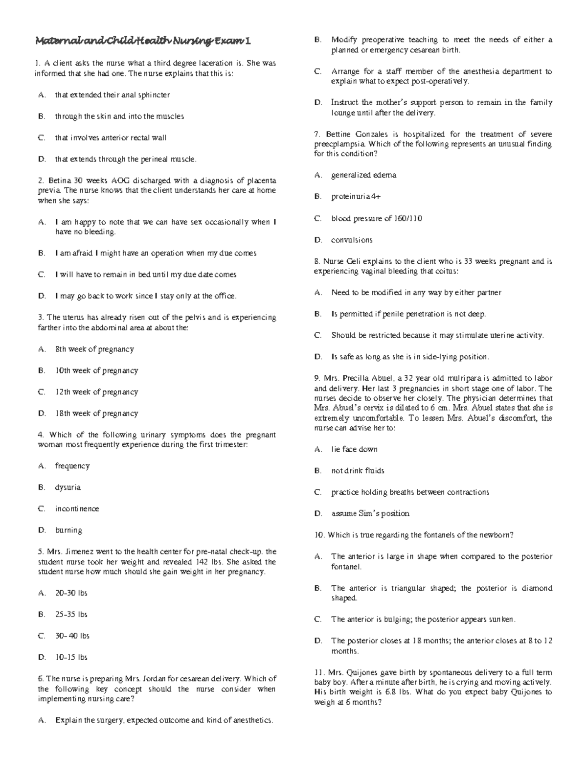 Maternal and Child Health Nursing Exam boardssss Maternal and Child