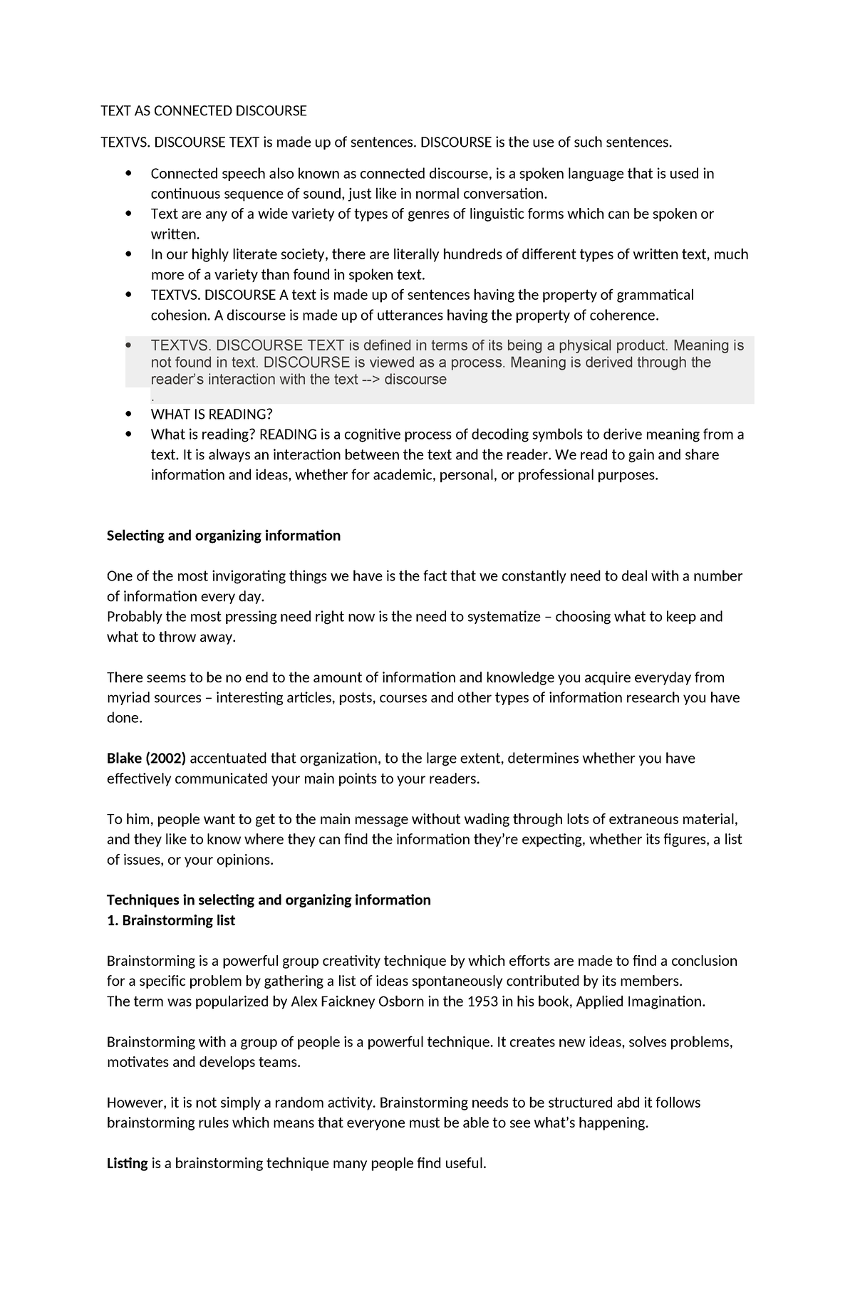 TEXT AS Connected Discourse handouts - TEXT AS CONNECTED DISCOURSE ...