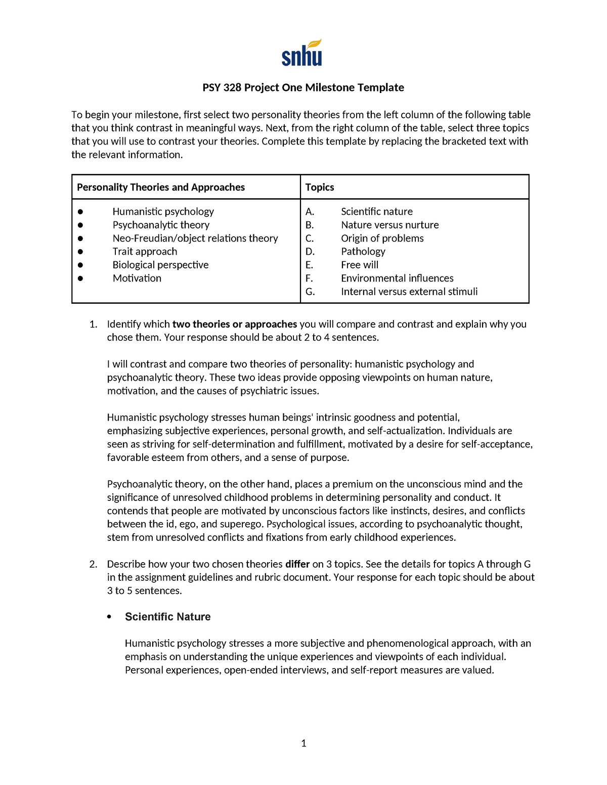 PSY 328 Project One Milestone Template - Next, From The Right Column Of ...