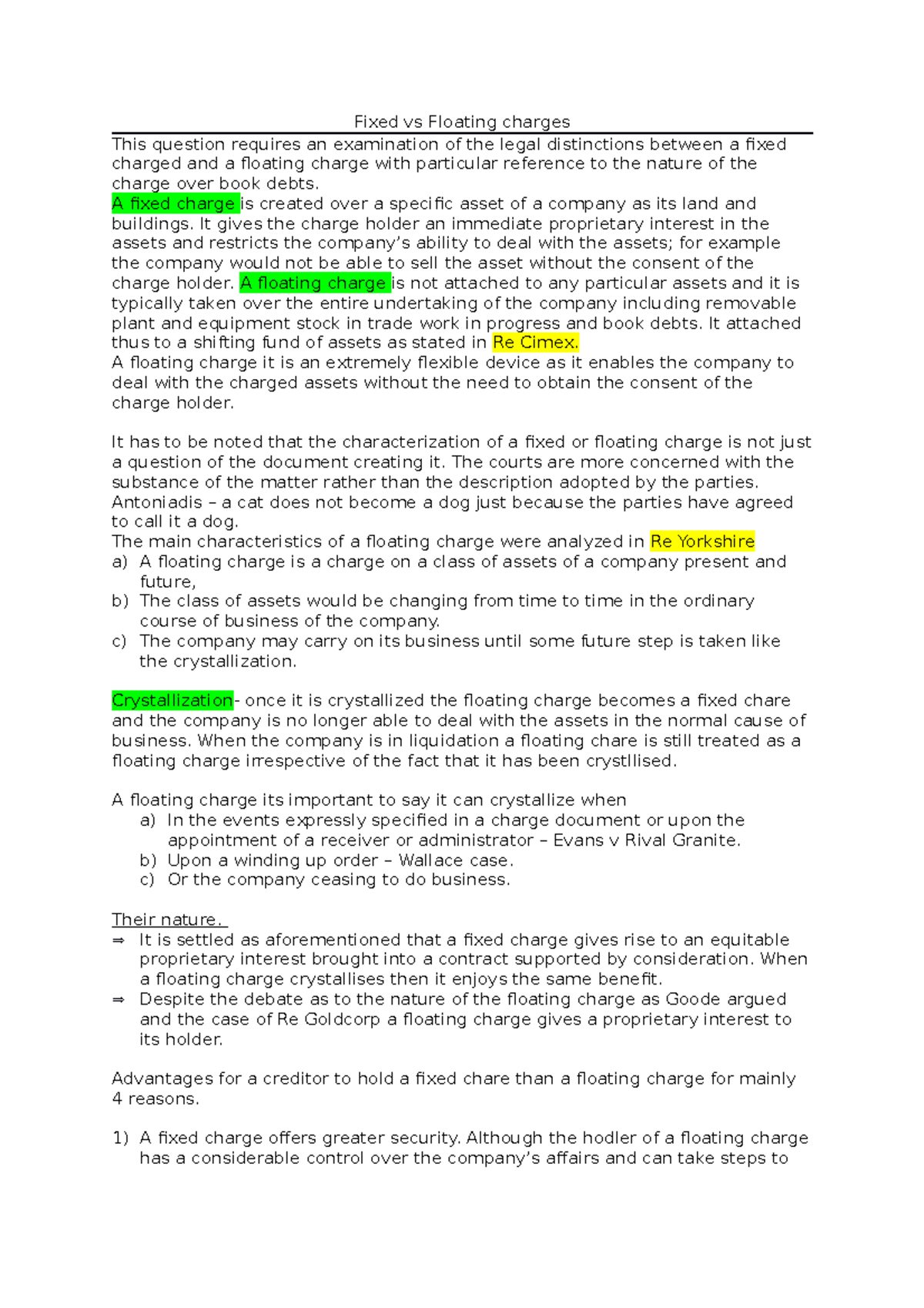 Fixed Vs Floating Charges A Fixed Charge Is Created Over A Specific 