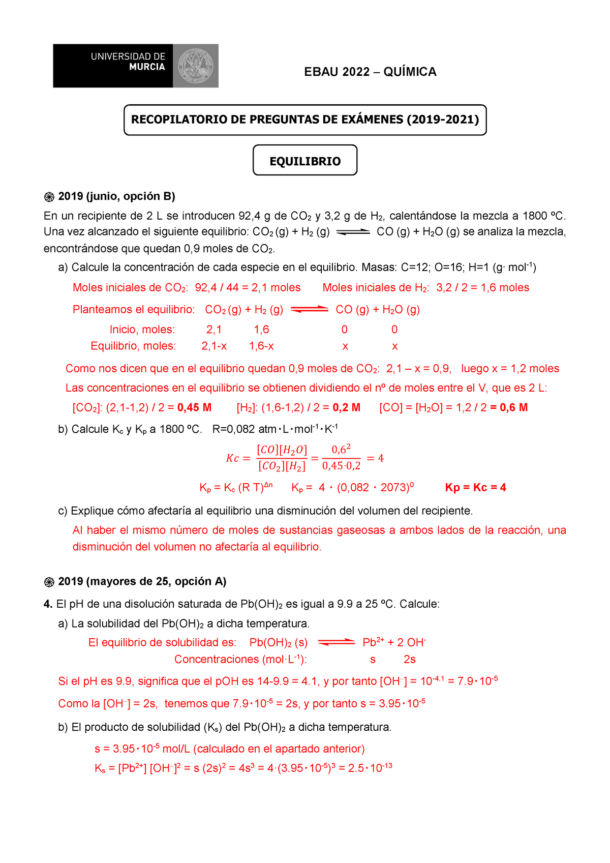 Equilibrio, Exámenes Resueltos - EBAU 2022 QUÍMICA RECOPILATORIO DE ...