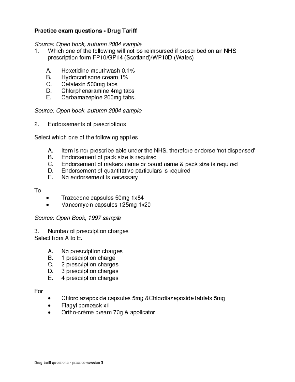 [Numark] Druq Tariff Questions Drug tariff questions practice