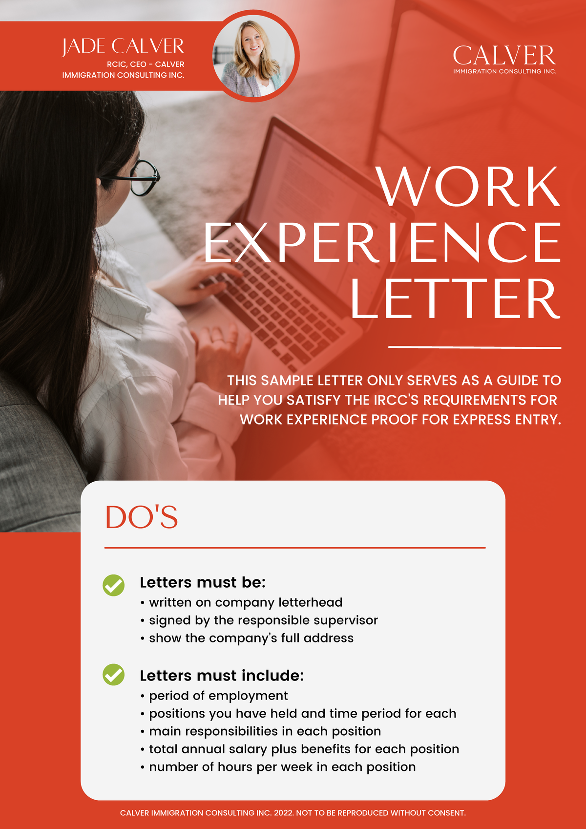 Express Entry Work Experience Letter Sample 2022 JADE CALVER RCIC