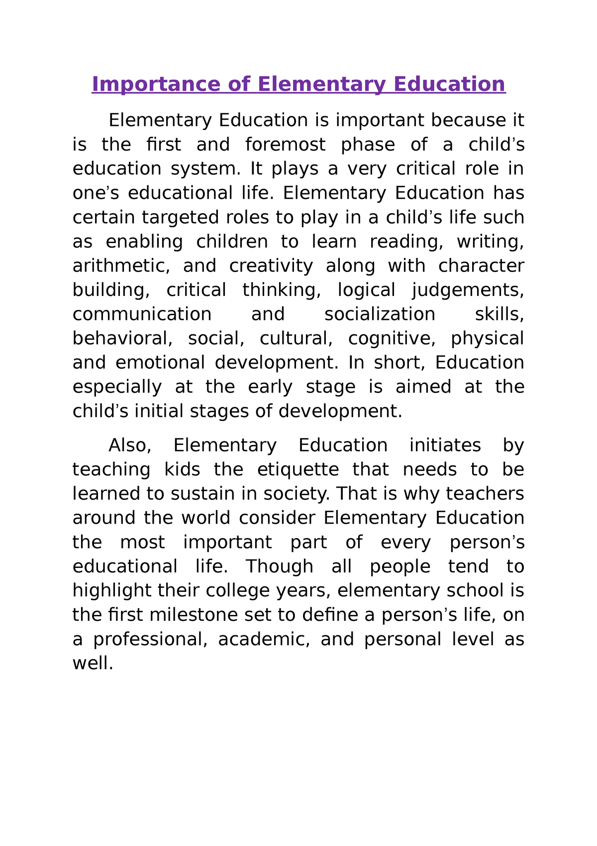 essay on why elementary education is important