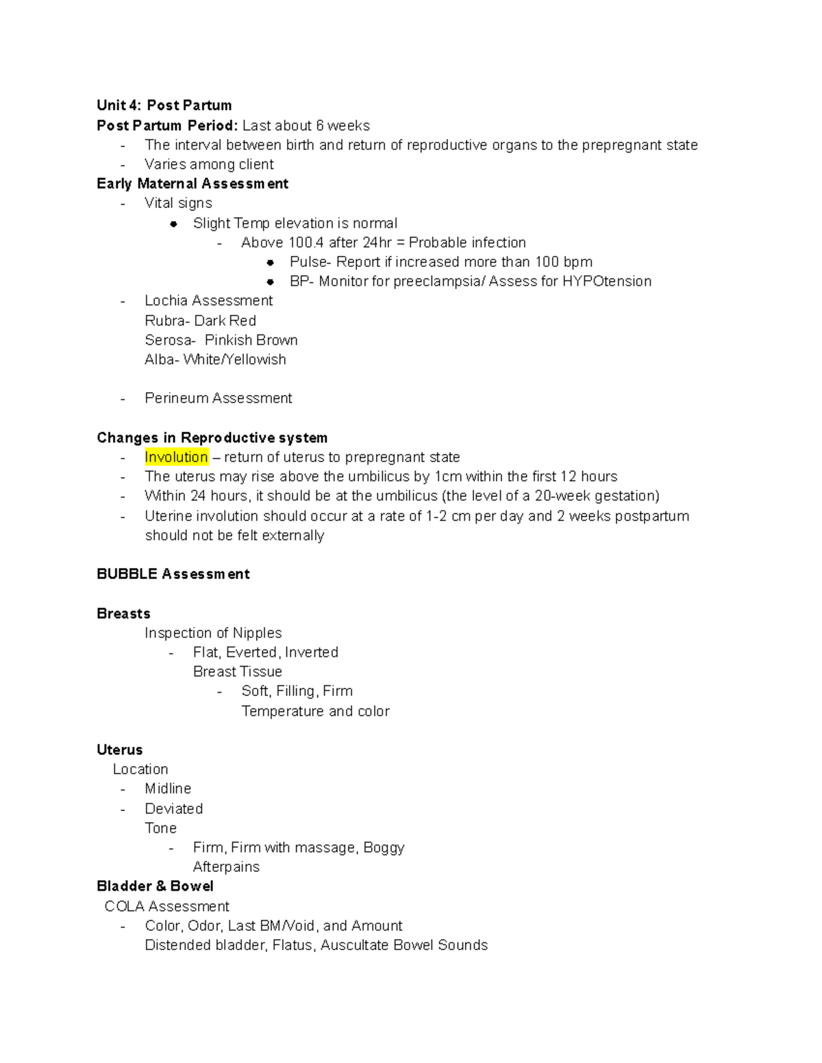 Unit 4 Post Partum - Focus points from powerpoint - Unit 4: Post Partum ...