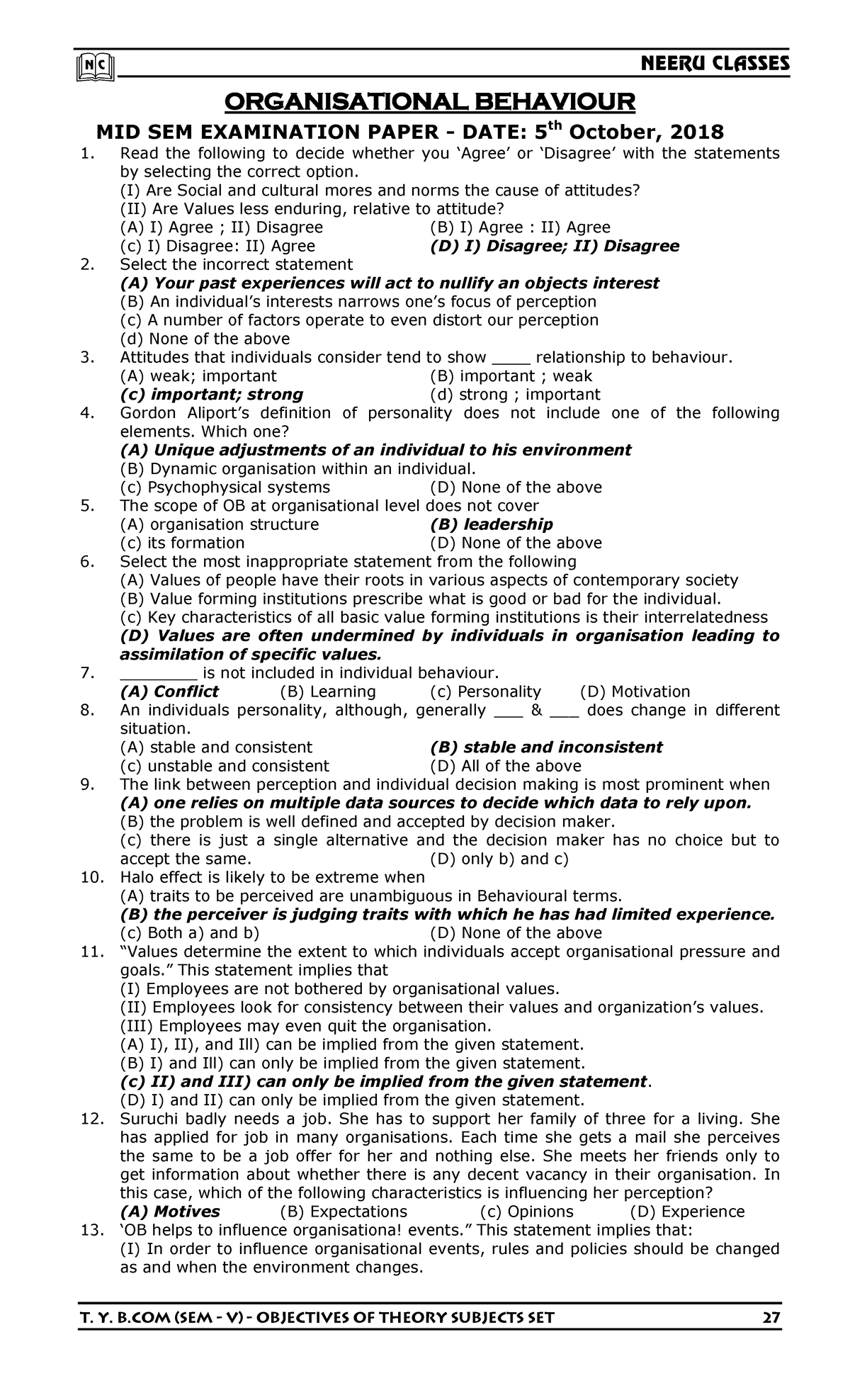 Organizational Behaviour MCQ - ORGANISATIONAL BEHAVIOUR MID SEM ...