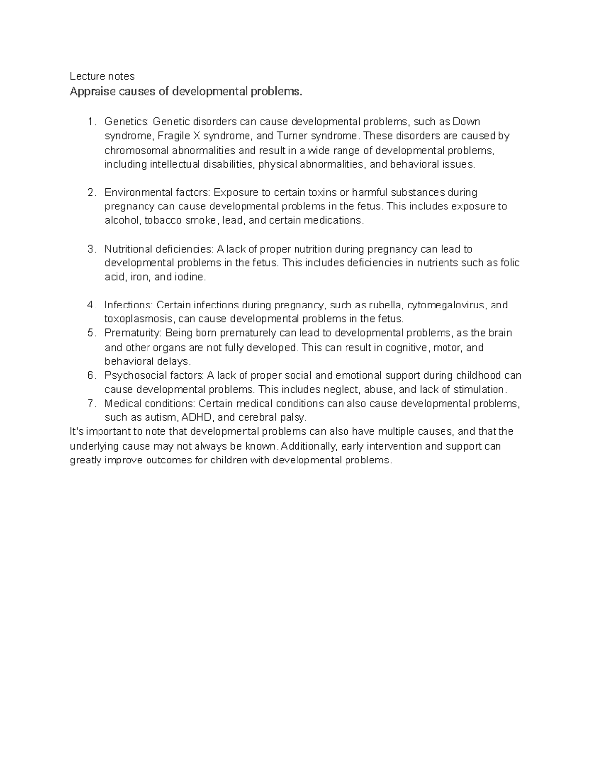 SPE 105 (1 - Appraise causes of developmental problems. - Lecture notes ...