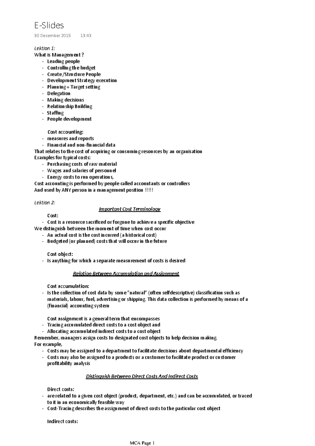 MCA - Mca full summary - Lektion 1: Leading people Controlling the ...