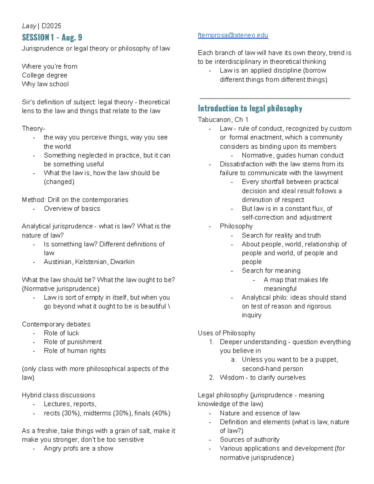 Philosophy of Law - Notes - SESSION 1 - Aug. 9 Jurisprudence or legal ...