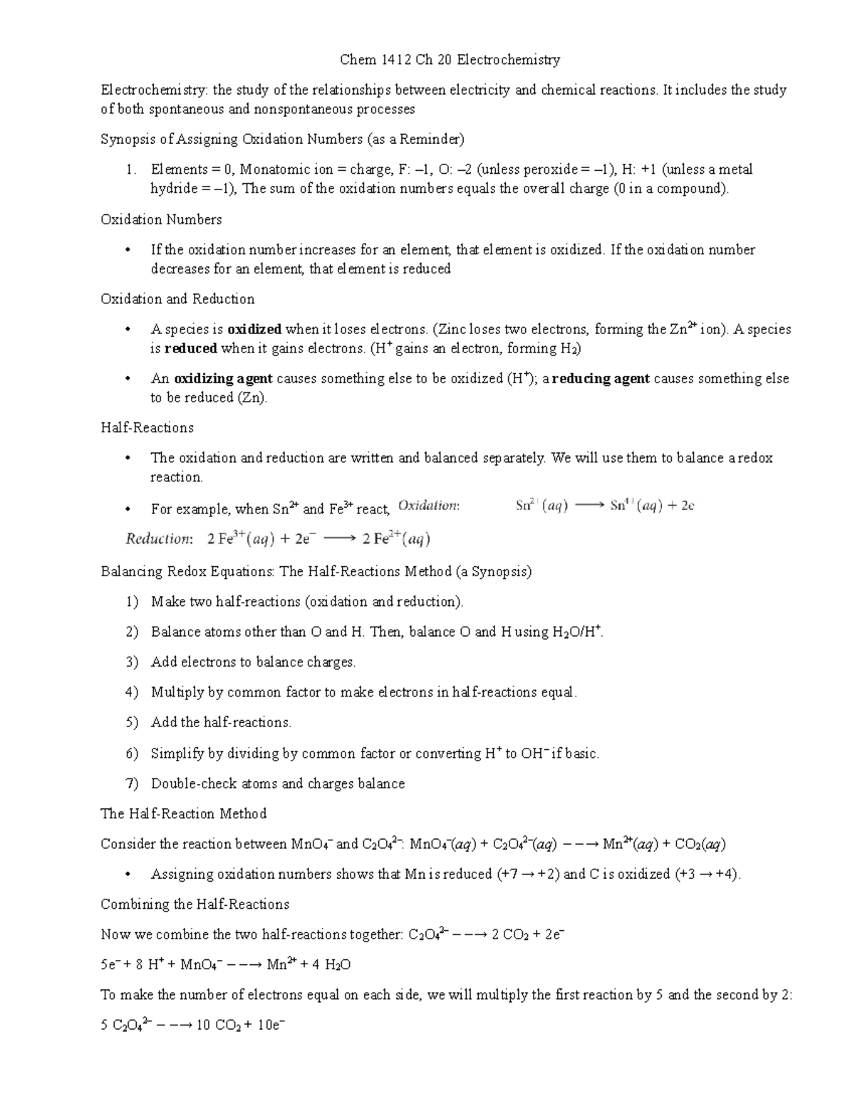 Chem 1412 Ch 20 - Detailed Notes - Chem 1412 Ch 20 Electrochemistry ...