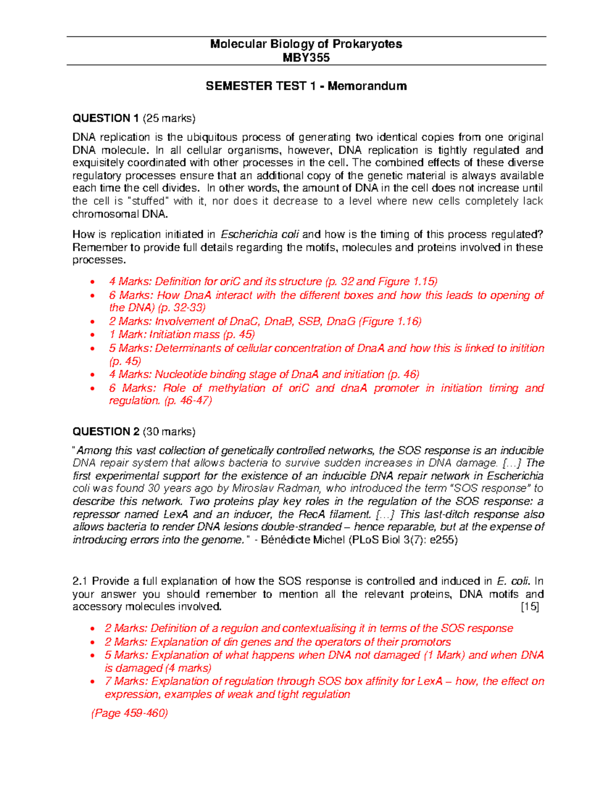 MBY355 Semester Test 1Memo for Click up 2015 Molecular Biology of