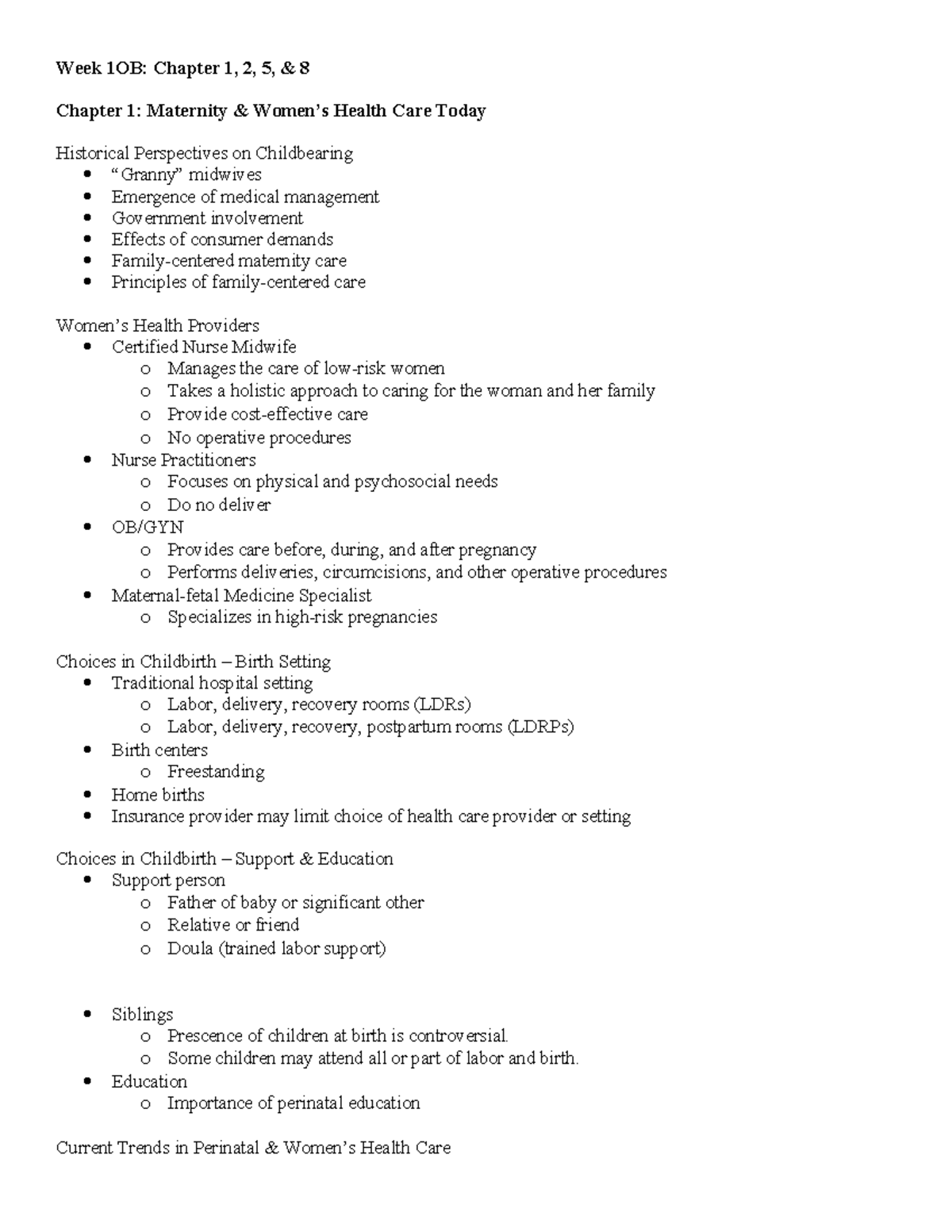 Week 1 - OB - week 1 notes part 2 - Chapter 1: Maternity & Women’s ...